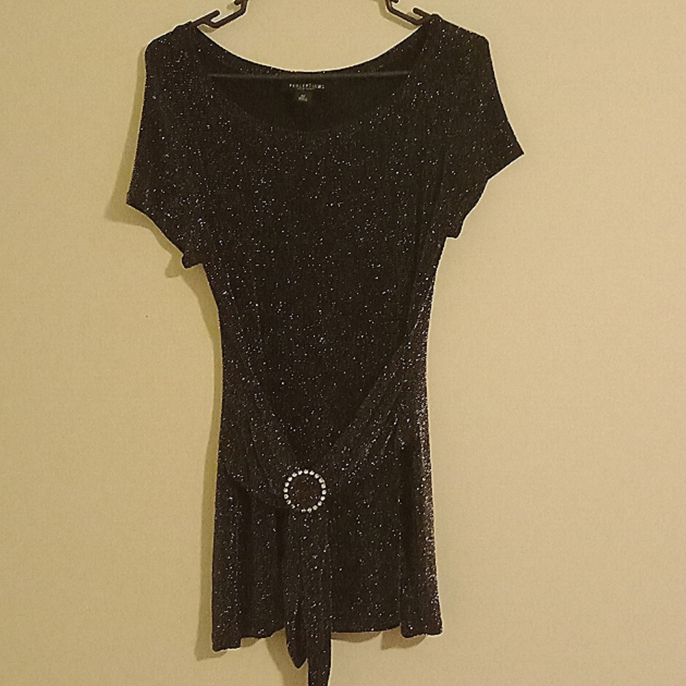 PERCEPTIONS Women Black/Silver shimmer short sleeve casual top size 12